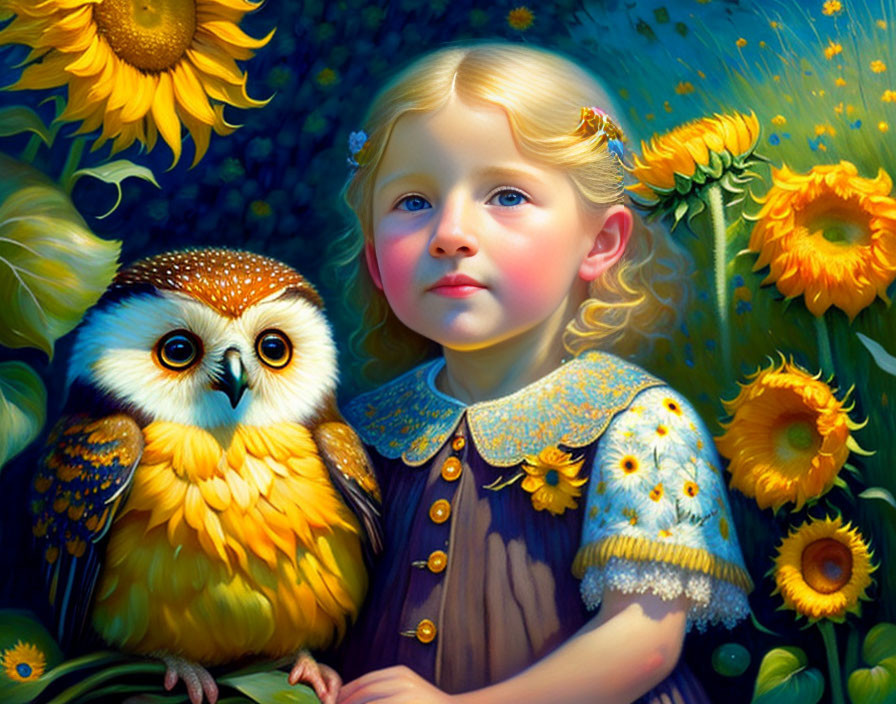 Young girl with blonde hair and owl in vibrant sunflower setting