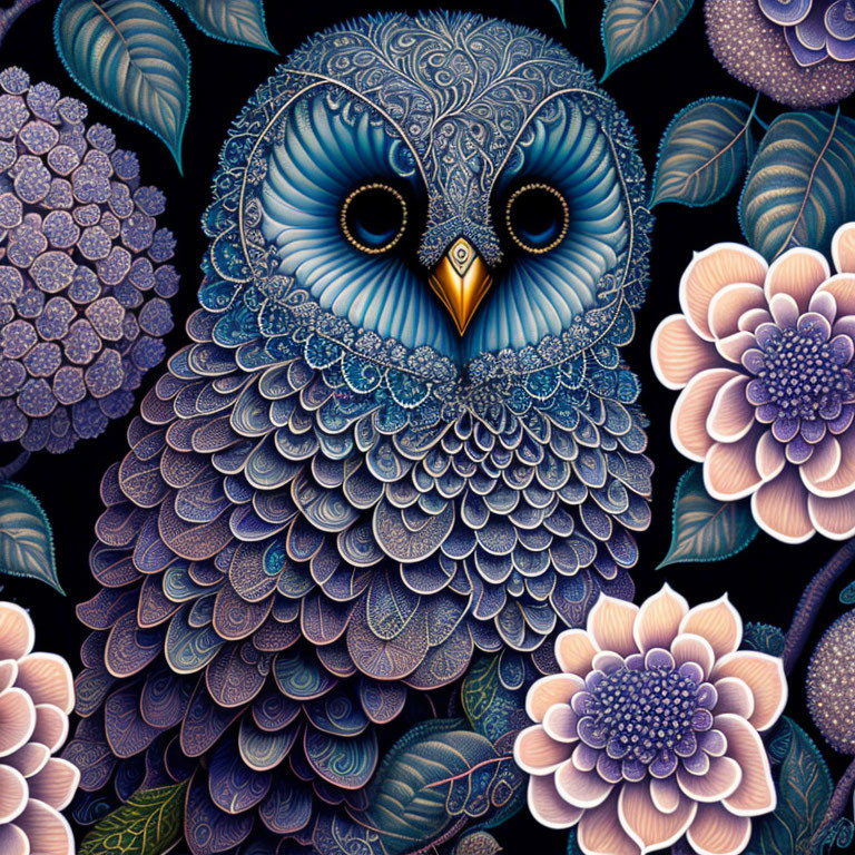 Colorful Owl Illustration with Floral Patterns in Blues, Purples, and Gold