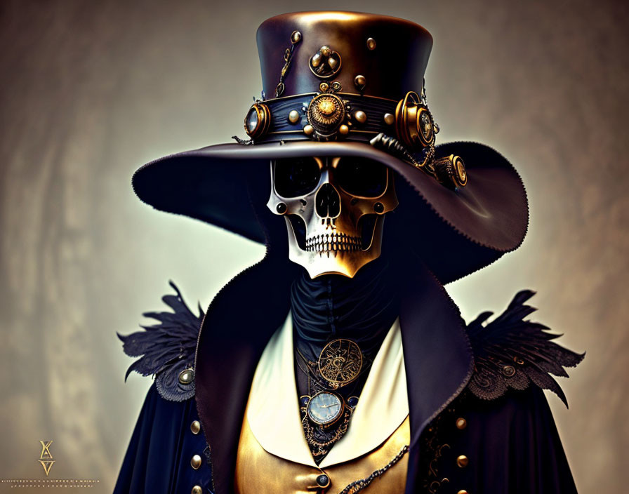 Steampunk-style skull character with top hat, goggles, golden trinkets, and ornate