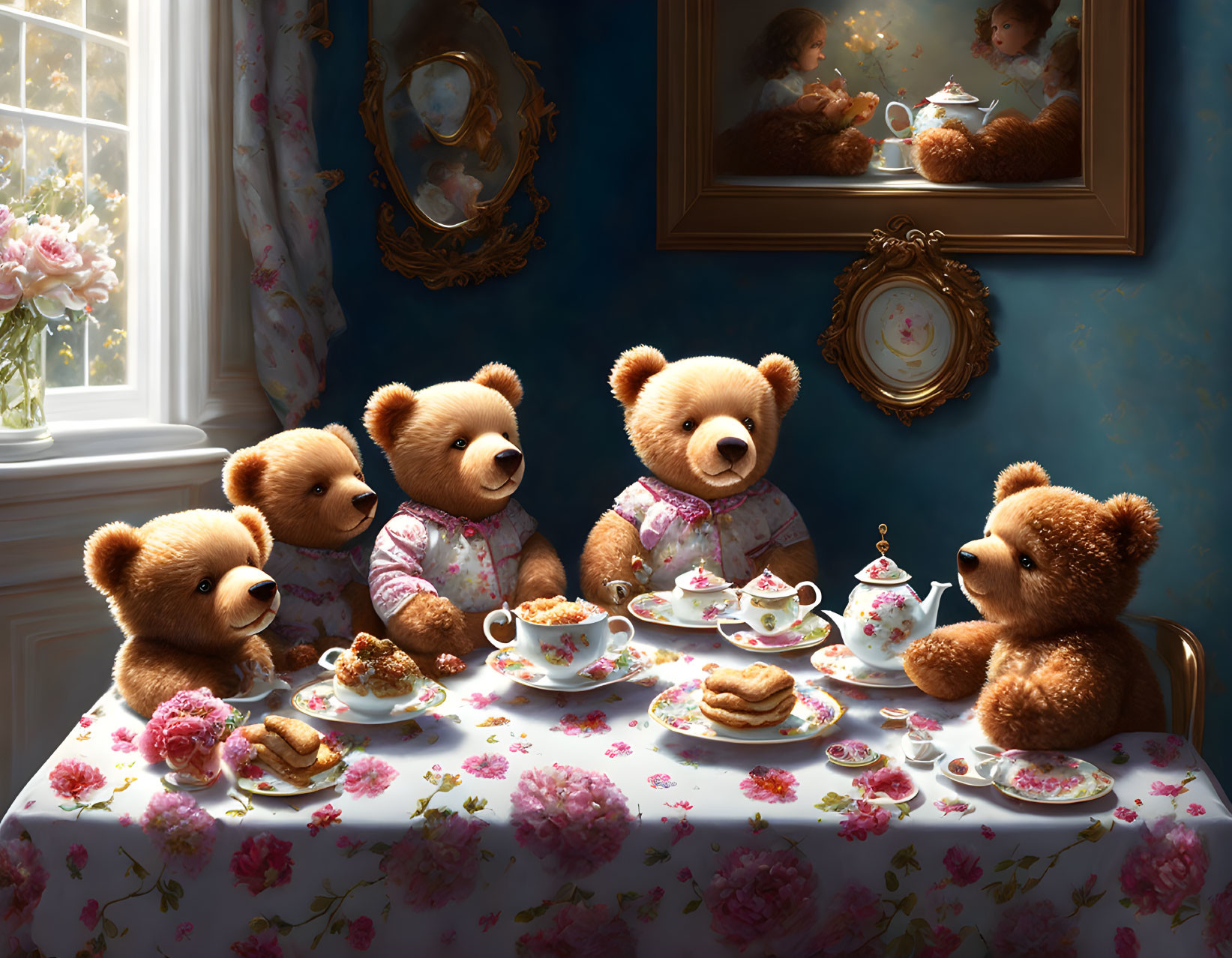 Five teddy bears tea party with cookies in floral-themed room