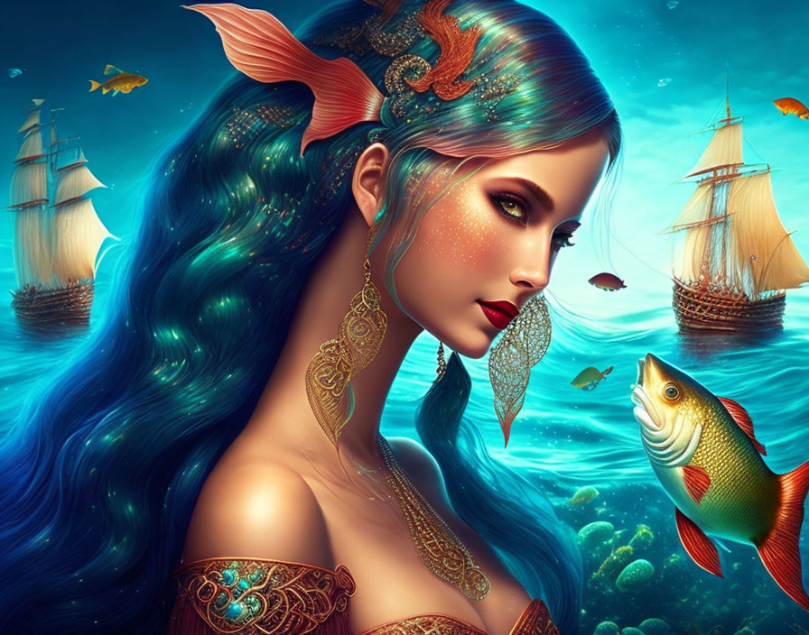 Fantasy illustration of a blue-haired mermaid in underwater scene with fish and ships.