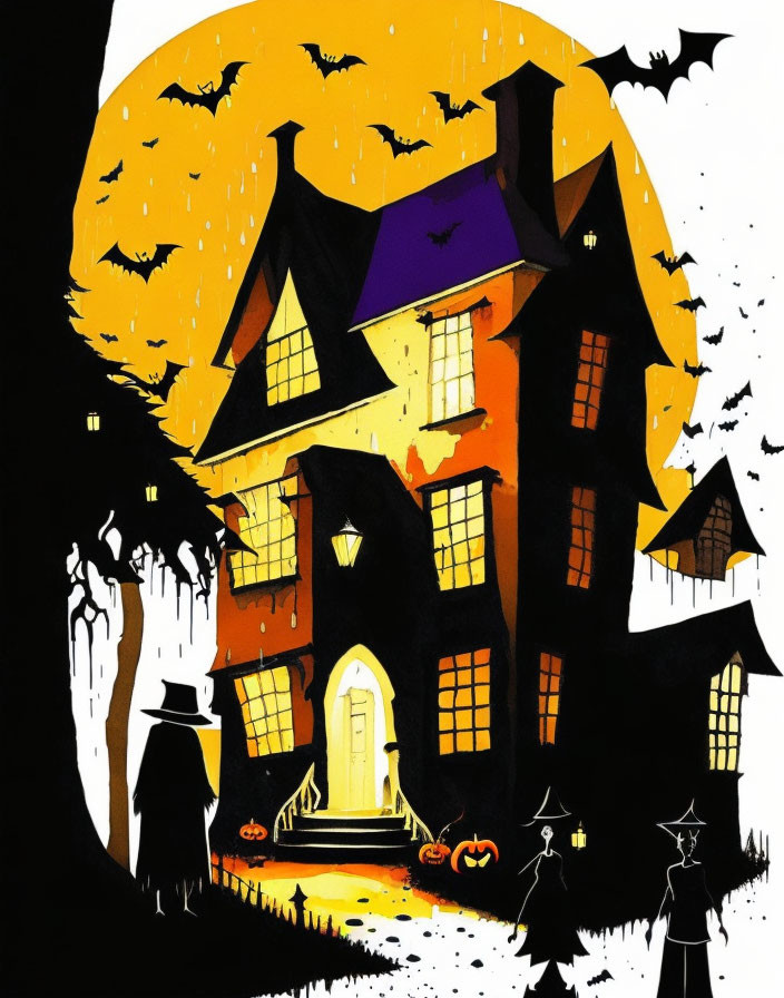 Eerie Halloween scene with haunted house, moon, bats, jack-o'-lanterns, witches