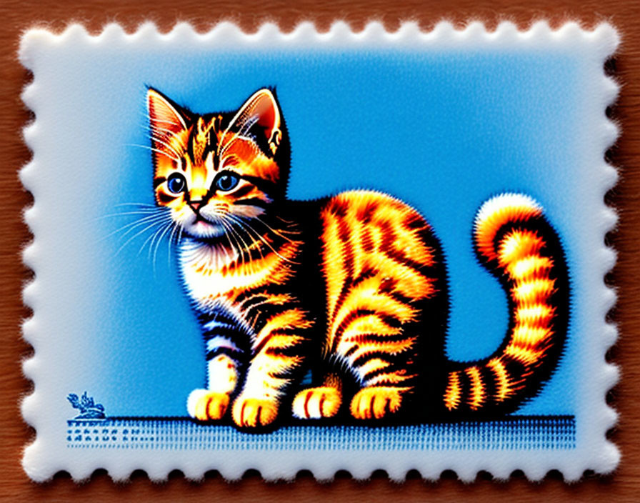 Orange Striped Kitten Digital Illustration on Blue Background