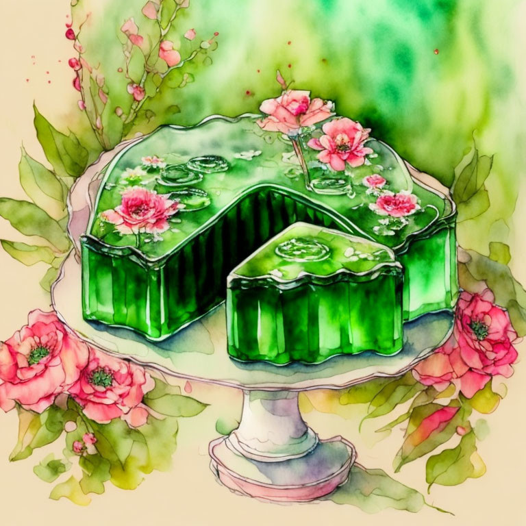 Green Jelly Cake with Floral Accents on White Stand surrounded by Pink Blossoms