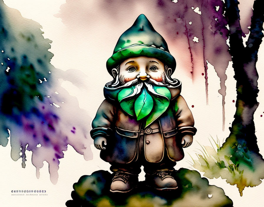 Colorful Watercolor Illustration of Gnome in Green Hat and Coat