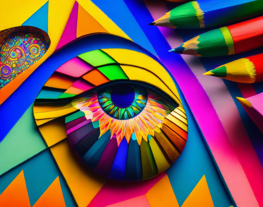 Digital eye on colorful spiral with pencils & geometric shapes