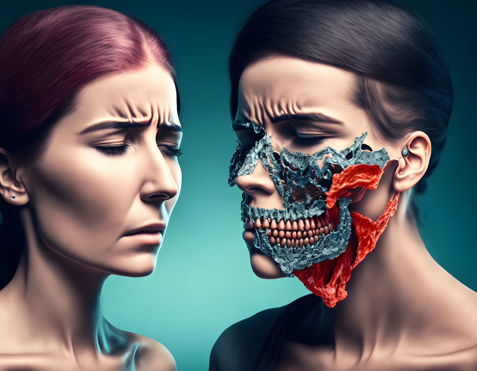 Digital artwork: Woman with pained face next to human with mechanical layers