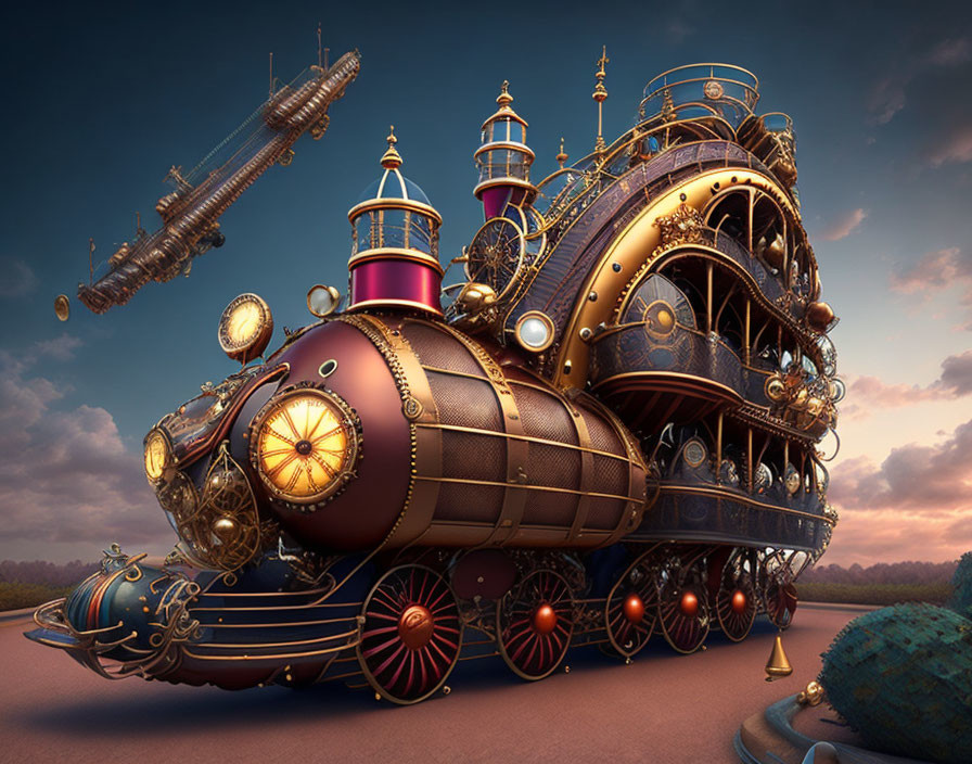 Steampunk-style vehicle with brass and copper detailing and round windows in twilight setting