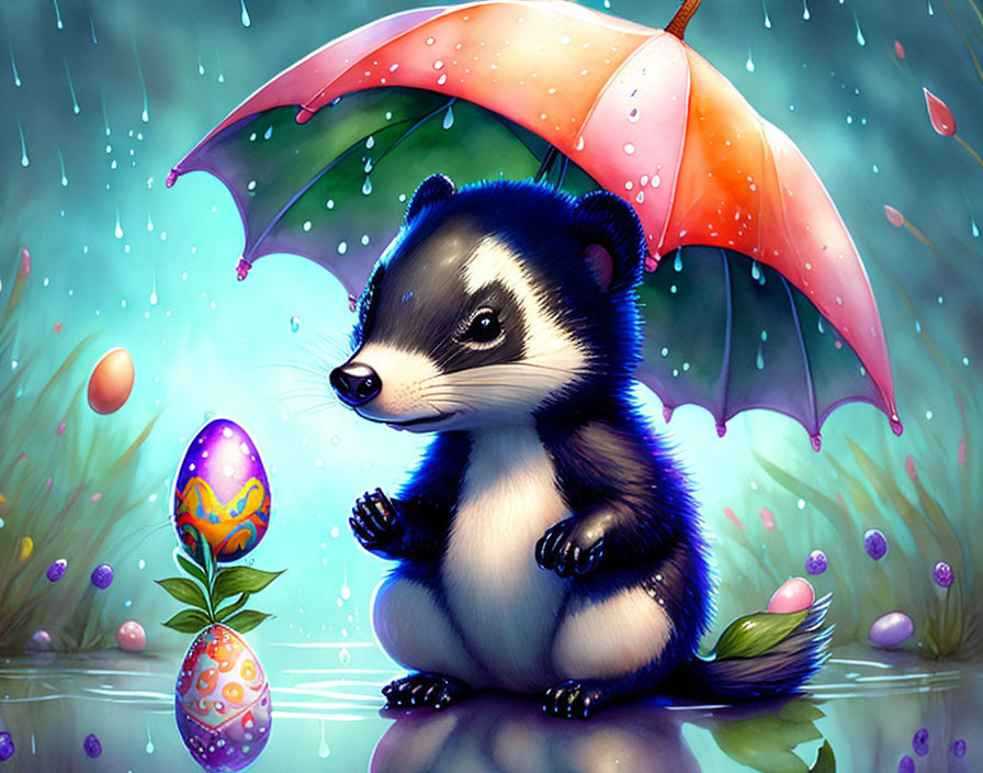 Colorful Easter eggs with cartoon badger under polka-dot umbrella