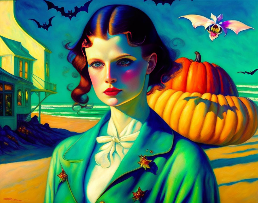 Colorful artwork: Woman in green jacket with star pins beside pumpkin and bat, coastal setting