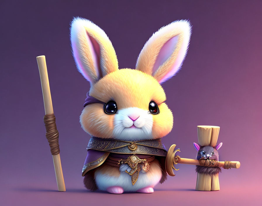 Stylized animation of a cute warrior bunny with a staff and a tiny mouse with a weapon