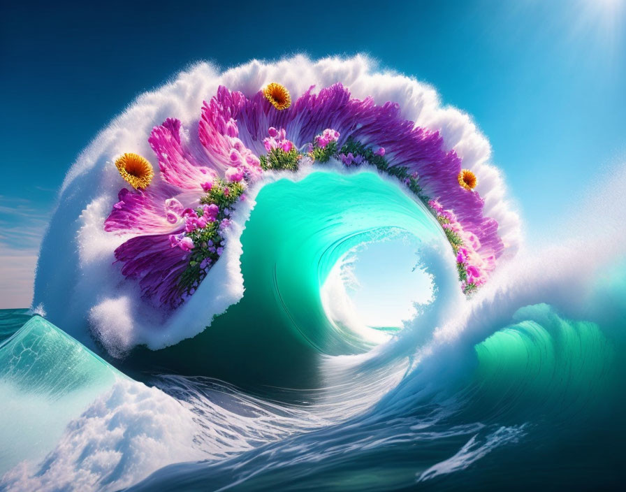 Digitally altered image: Wave crest with colorful flowers and foam on blue sky