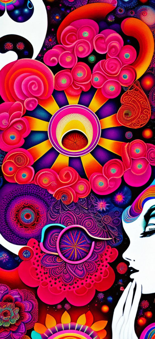 Colorful psychedelic abstract artwork with vibrant floral patterns and stylized woman's face profile.