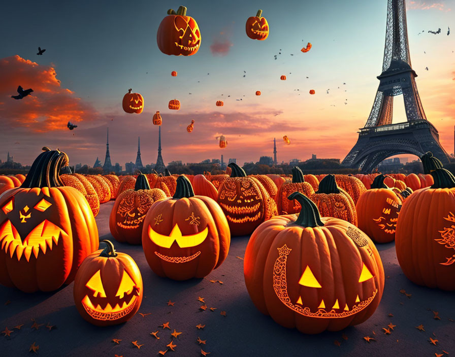 Glowing carved pumpkins at Eiffel Tower with bats and jack-o'-lanterns