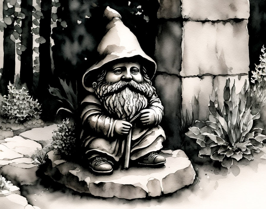 Whimsical garden gnome in monochrome illustration