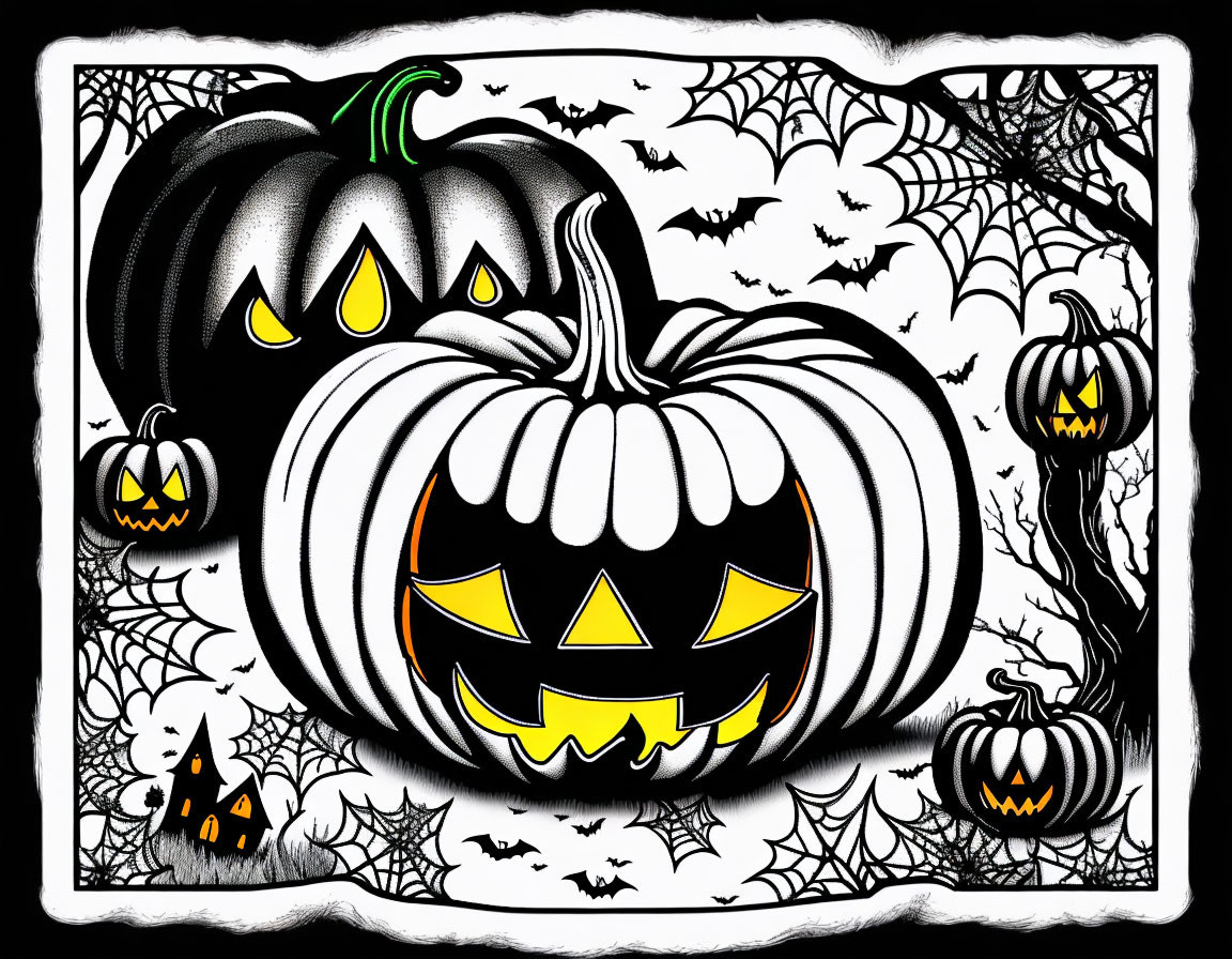 Monochrome Halloween illustration with pumpkins, bats, spider webs, and bare trees