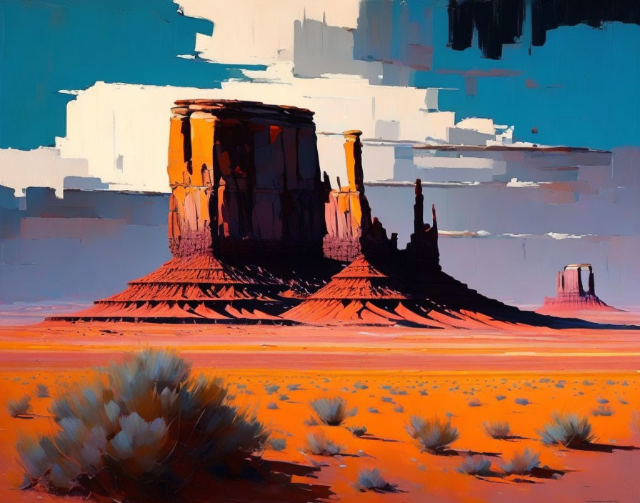 Vivid desert painting with orange sands, red-brown rocks, and blue sky