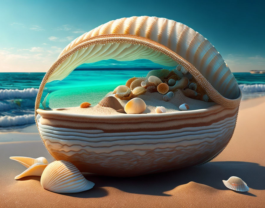 Surreal image of large seashell on sandy beach with ocean scene inside surrounded by smaller shells