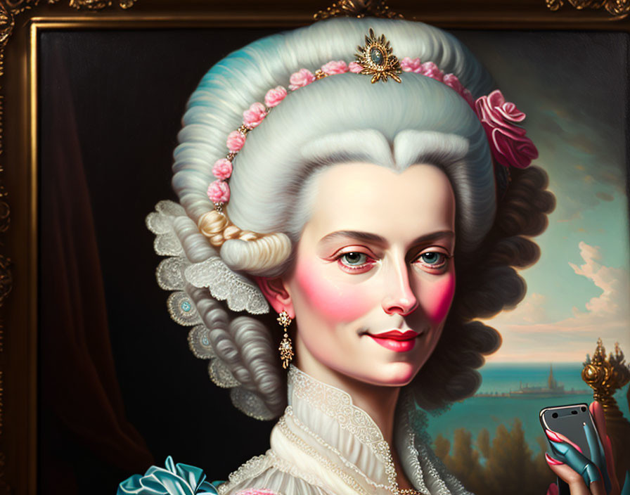 Portrait of woman with 18th-century hairstyle and smartphone fusion