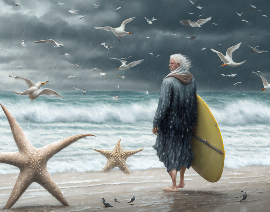 Elderly surfer on stormy beach with seagulls and seashells