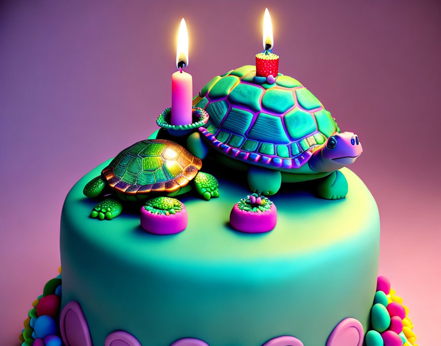 Colorful Birthday Cake with Fondant Turtles and Lit Candles