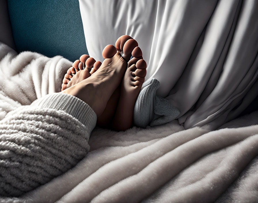 Feet in grey knitted socks touching under cozy blanket on bed