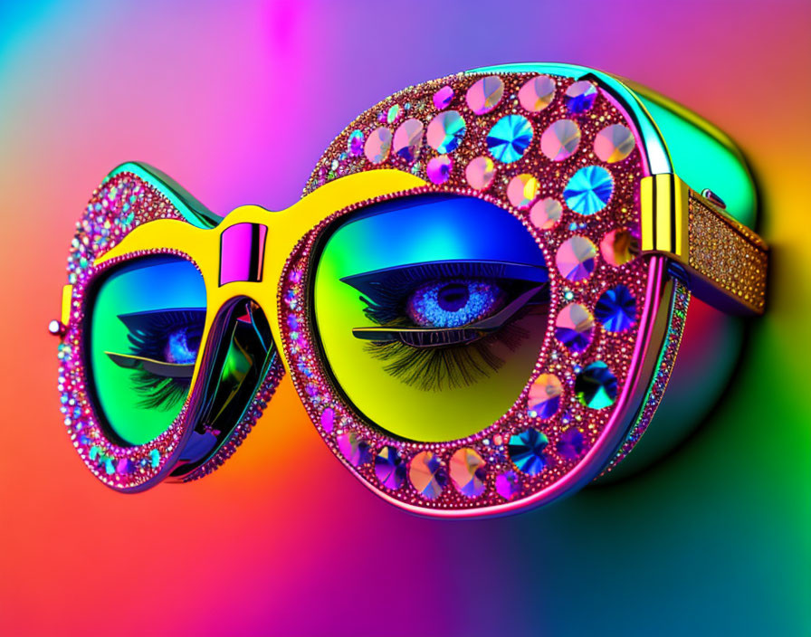 Oversized jewel-encrusted sunglasses on vibrant gradient background