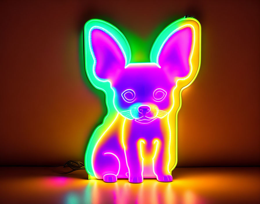 Colorful Neon Light Dog Sculpture Against Dark Background