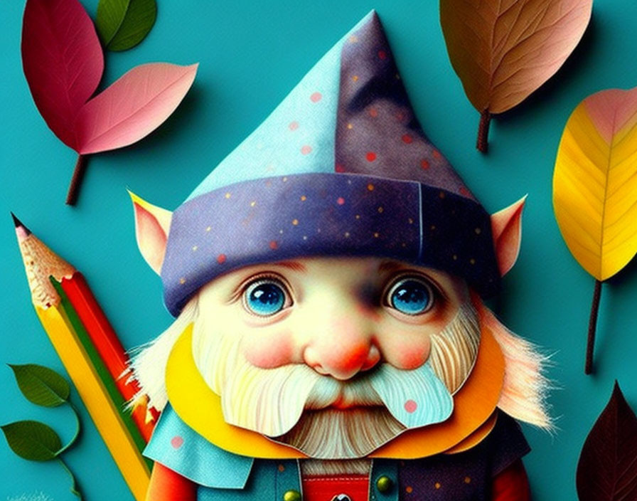 Whimsical gnome with polka-dotted hat among vibrant leaves and pencils on teal background