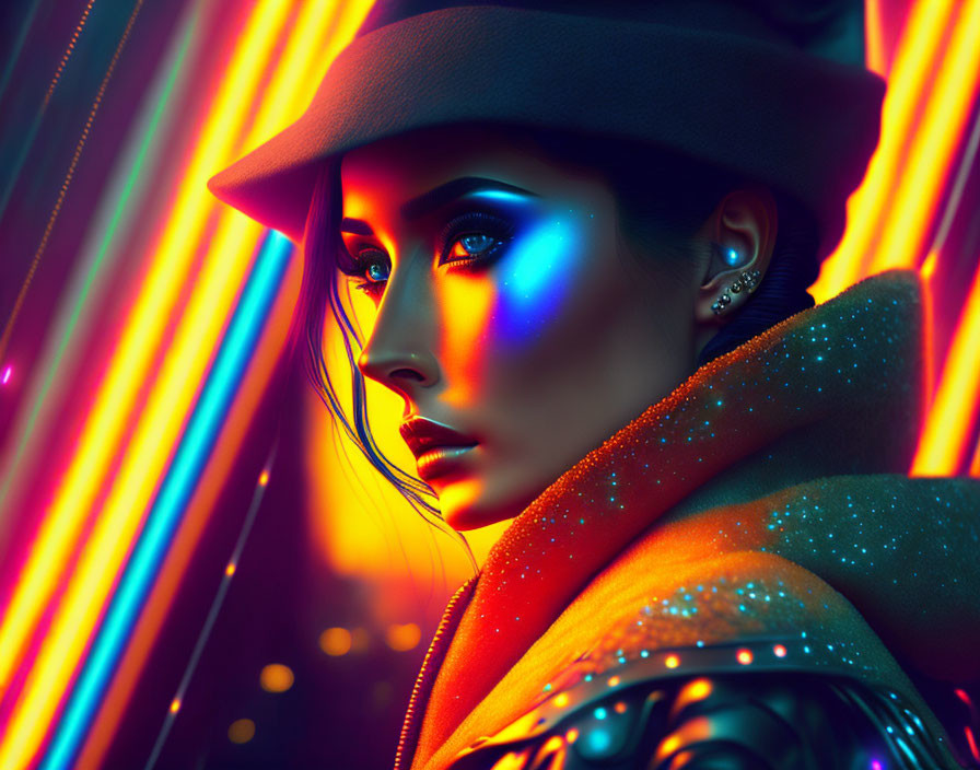 Woman portrait with striking makeup and hat under colorful neon lights