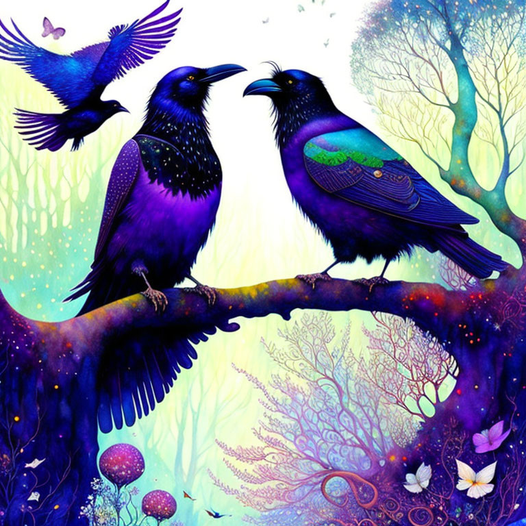 Vibrant purple ravens in ethereal forest with flying bird & whimsical trees