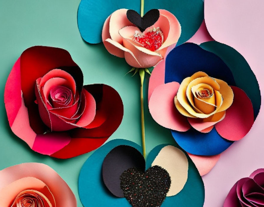 Vibrant paper flower art in red, pink, peach, blue, and black hues on a