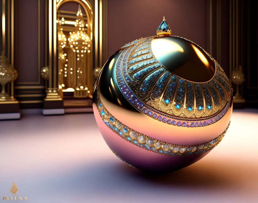 Ornate spherical object with golden designs and jewels in posh room