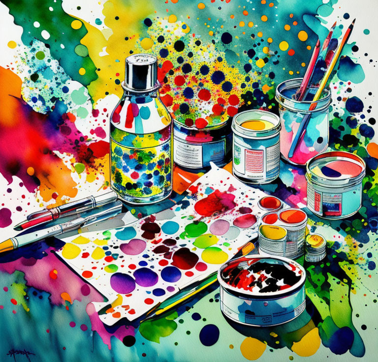 Colorful Watercolor Painting with Paint Cans, Brushes, and Jar