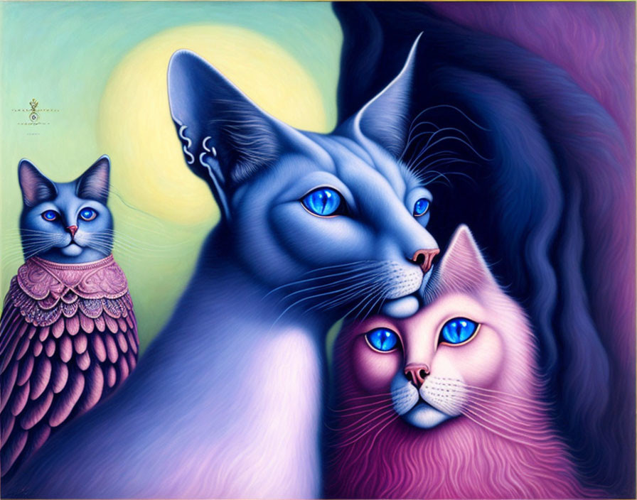 Colorful Artistic Illustration: Cat with Two Faces and Owl-Like Creature