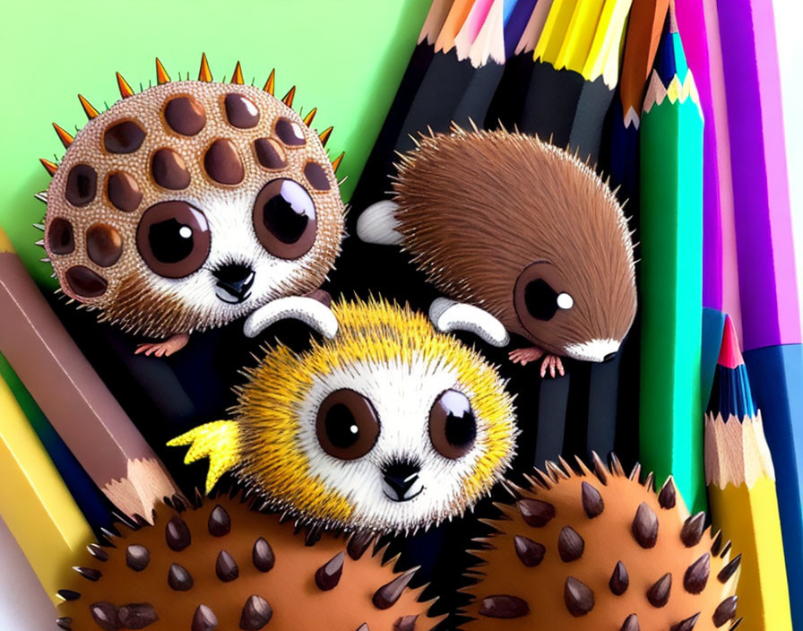 Stylized hedgehogs on colorful pencils: Cute illustration