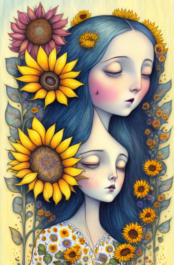 Vibrant sunflower illustration featuring two females with blue hair