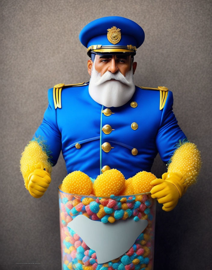 Exaggerated man in blue uniform with yellow gloves among candies