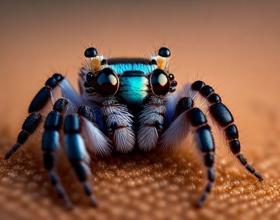 Colorful jumping spider with blue and orange markings and large eyes on orange surface