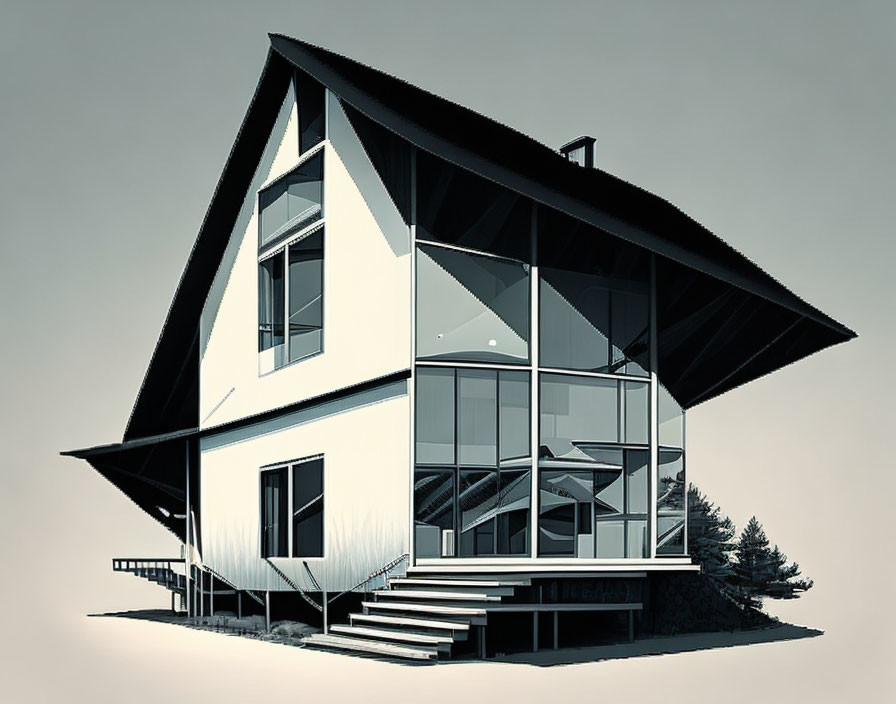 Modern Two-Story House Illustration with Glass Windows & Exterior Staircase