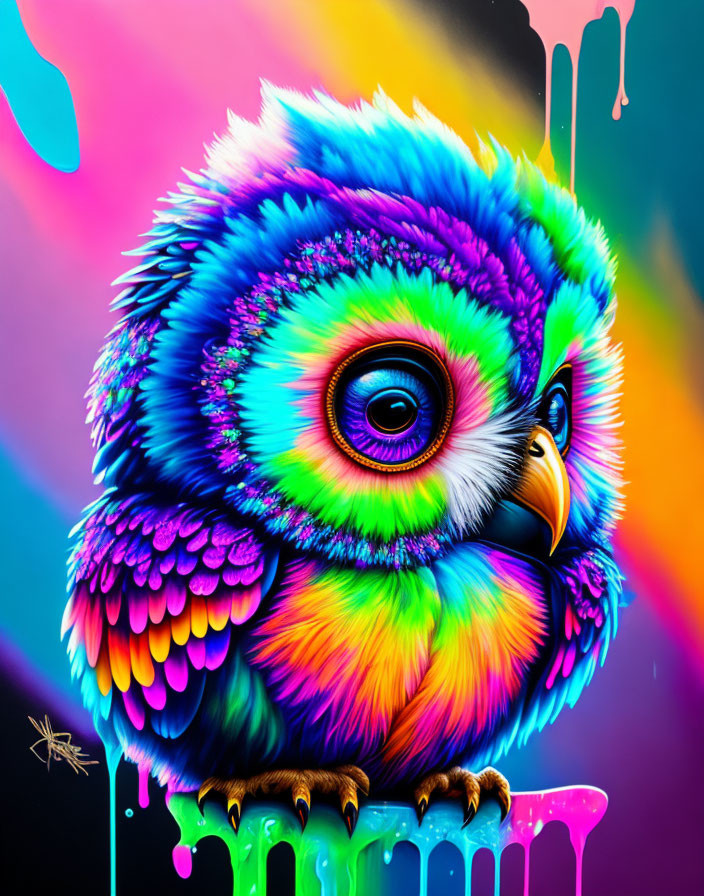 Colorful Psychedelic Owl Illustration with Paint Drips and Vibrant Feathers