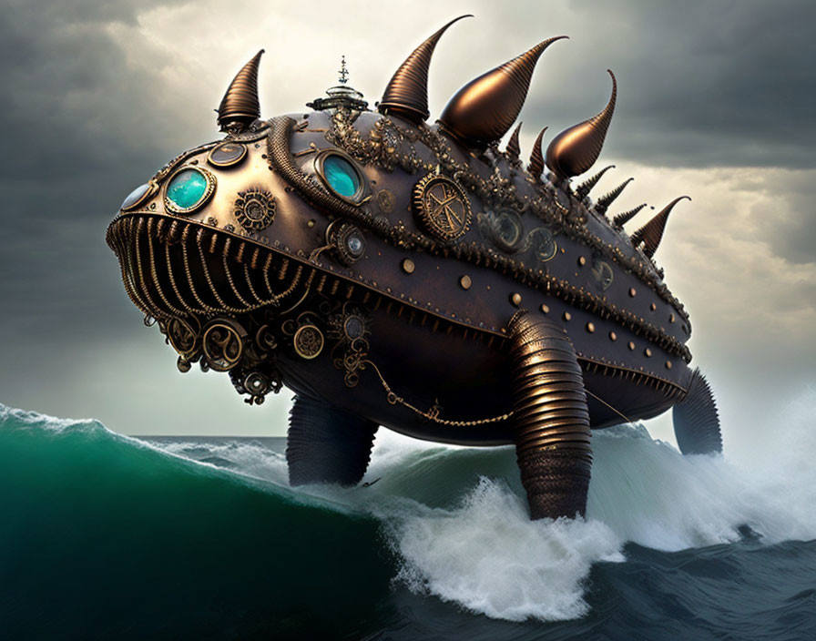 Steampunk-style airship with horns over stormy ocean waves