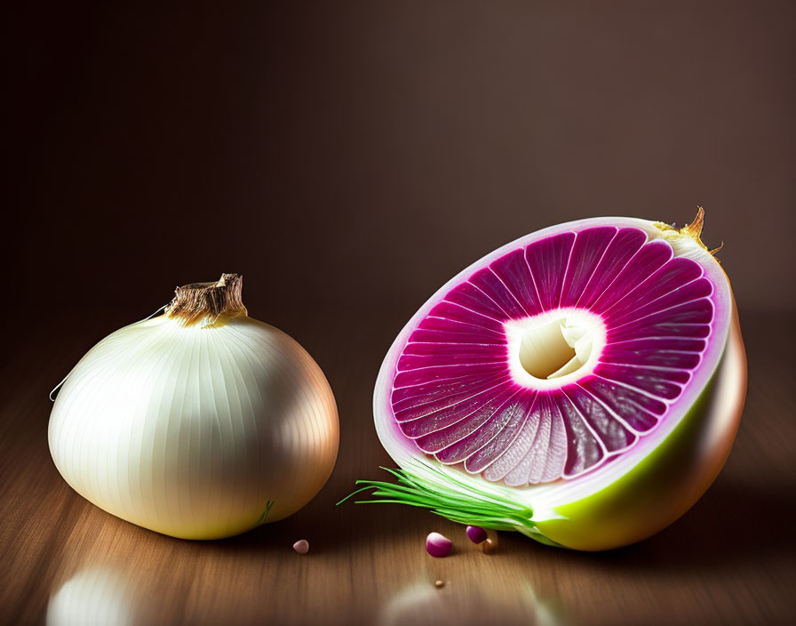 Fresh white and red onions on dark background.