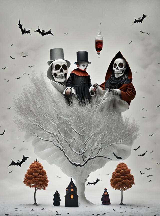 Skeletons in Top Hats on Barren Tree with Bats