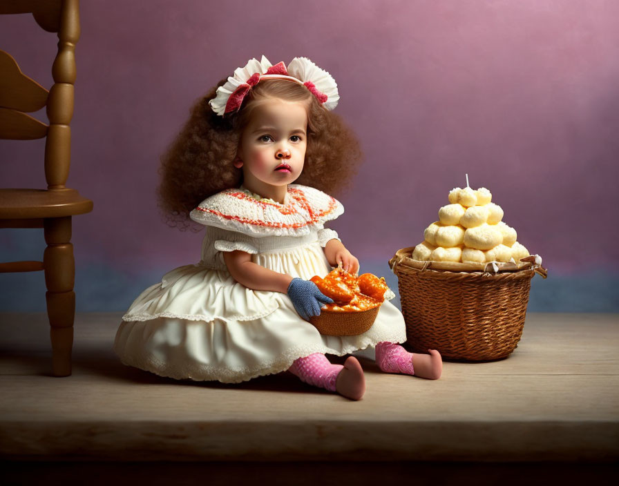 Child in vintage dress with bread and pretzels, whimsical expression on purple backdrop