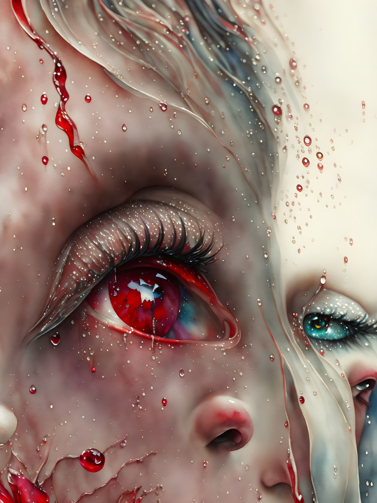 Detailed digital artwork of eye with red and blue hues, water droplets, and swirling hair strands