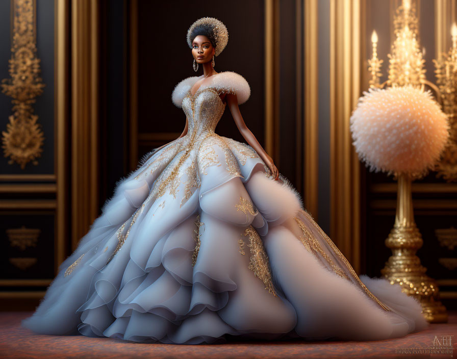 Ornate Ball Gown Woman in Luxurious 3D Room