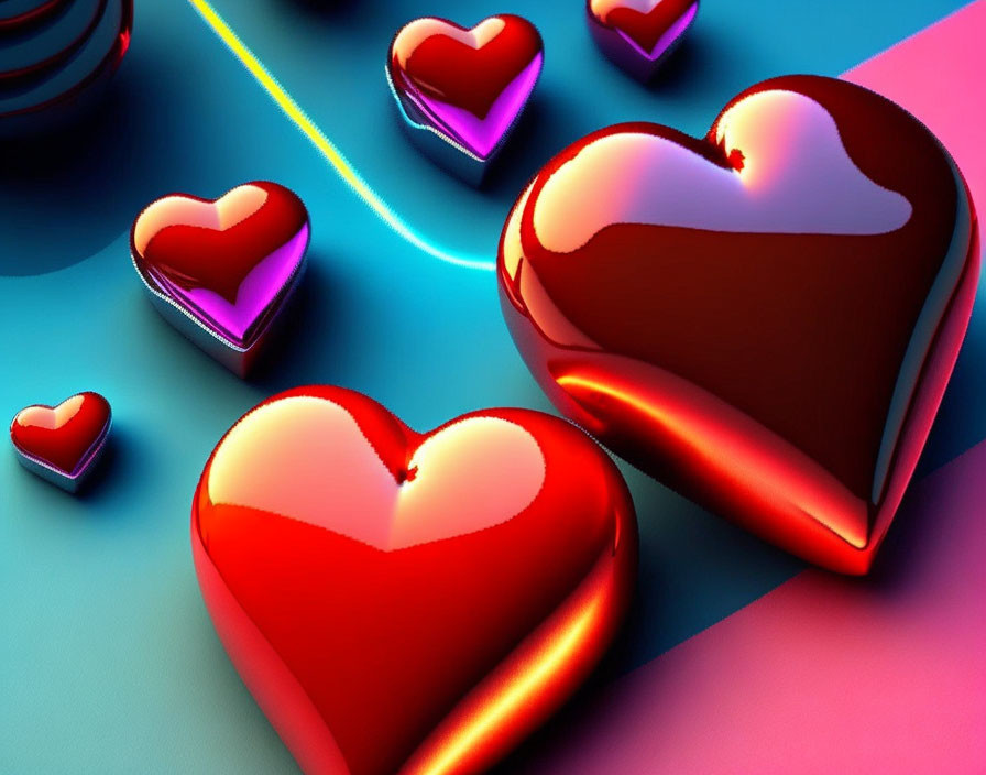 Vibrant digital art: glossy red hearts on blue and pink gradient