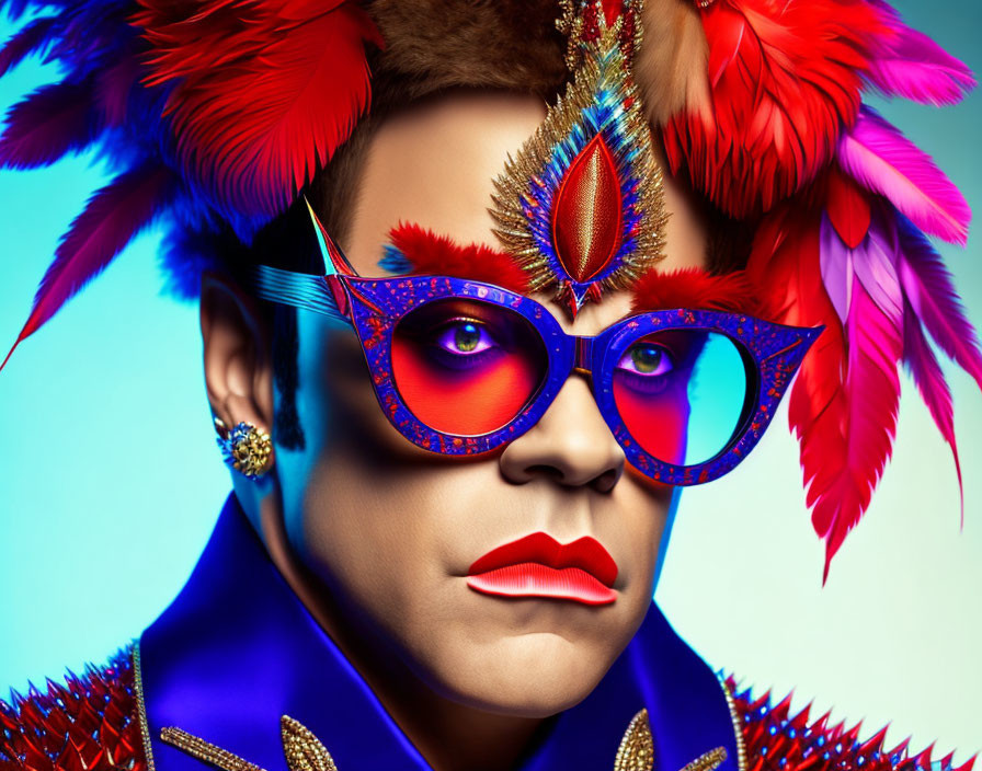 Colorful Person with Elaborate Feather Headwear and Glasses on Blue Background