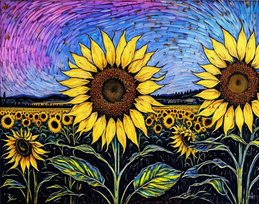 Sunflower painting with swirl-patterned sky and dark horizon